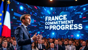 lors du sommet sur l'intelligence artificielle, emmanuel macron met en avant l'engagement de la france pour le progrès technologique et l'innovation, soulignant l'importance d'un développement éthique et responsable de l'ia pour l'avenir.