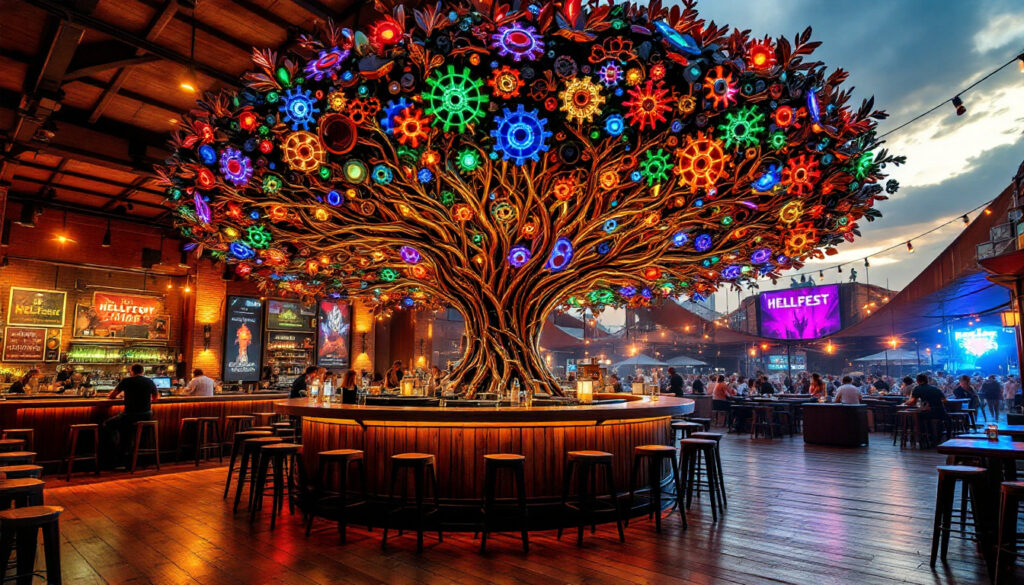 Un arbre en métal, vedette du tout nouveau bar voisin du site du Hellfest 5 découvrez l'arbre en métal impressionnant qui fait sensation dans le tout nouveau bar voisin du site du hellfest. un lieu unique où art et ambiance se rencontrent pour une expérience inoubliable.