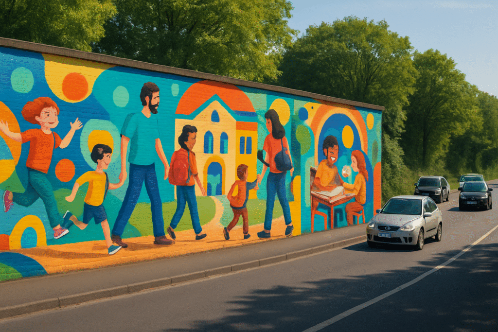 découvrez une fresque immersive et colorée à proximité d'elbeuf, conçue pour sensibiliser les conducteurs à l'importance de réduire leur vitesse près des établissements scolaires. une initiative artistique qui allie sécurité et beauté urbaine.