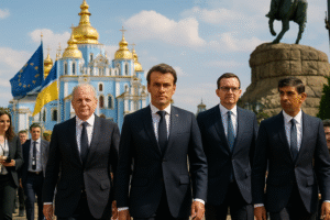 emmanuel macron se joint aux dirigeants allemand, polonais et britannique pour un sommet européen clé à kiev, visant à renforcer la coopération et la solidarité en europe face aux défis actuels.