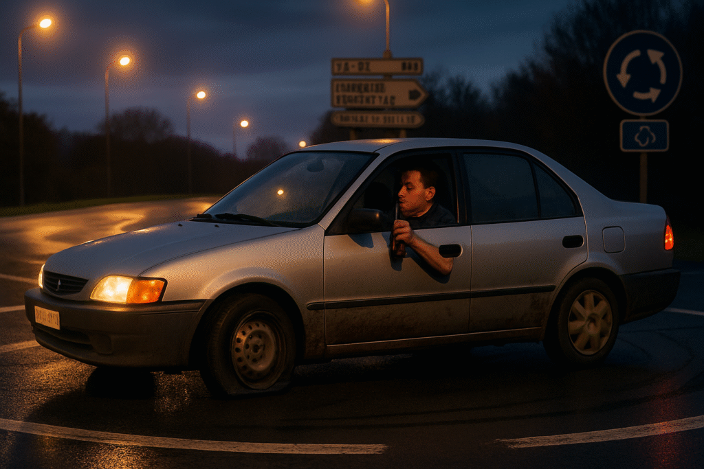 un conducteur ivre prend des risques insensés en s'engageant à contre-sens dans un rond-point, malgré un pneu crevé, près de caen. découvrez les détails de cet incident surprenant qui soulève des questions sur la sécurité routière.