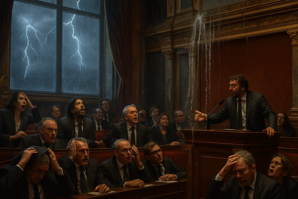 un débat animé à l'assemblée nationale est brusquement interrompu par des orages, entraînant une fuite d'eau inattendue. découvrez les conséquences de cet événement météorologique surprenant sur les discussions politiques.