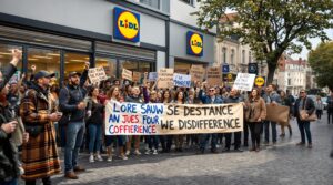 à la réole, des manifestants expriment leur mécontentement face au mépris des grandes surfaces, se réunissant devant le lidl pour défendre des valeurs de solidarité et de respect envers les consommateurs.