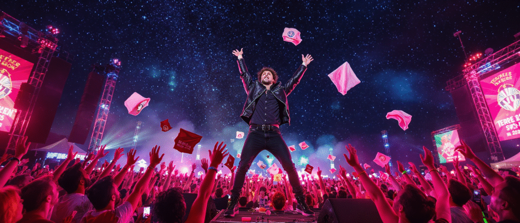 revivez le dernier soir mémorable de terres du son 2025 où -m- a émerveillé son public avec une avalanche de cadeaux et d'émotions. une soirée inoubliable, pleine de surprises et de musique, qui a comblé les fans de toutes générations.