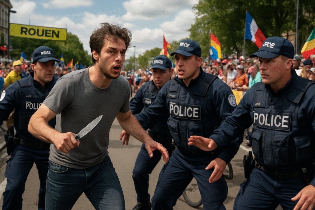 Un homme armé d'un couteau interpellé par la police lors du Tour de France à Rouen 2 un homme armé d'un couteau a été interpellé par la police lors du tour de france à rouen, suscitant des inquiétudes sur la sécurité de l'événement. découvrez les détails de cet incident qui a marqué la célèbre course cycliste française.