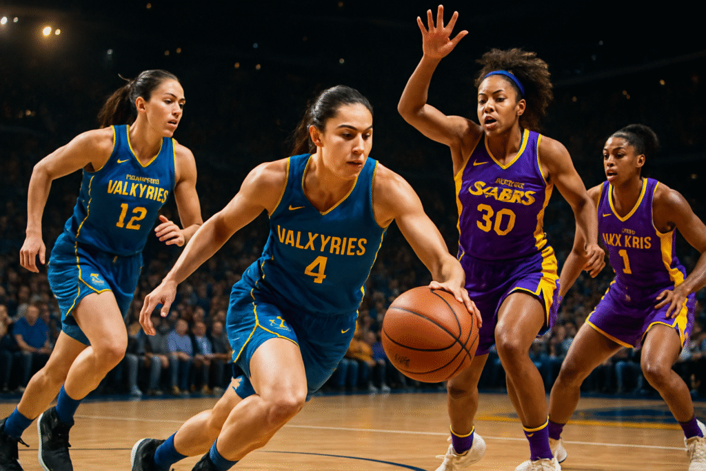 dans un match palpitant de la wnba, les golden state valkyries, avec leurs joueuses en bleu, dominent les los angeles sparks. découvrez les moments clés de cette rencontre captivante et le talent exceptionnel qui propulse les valkyries vers la victoire.