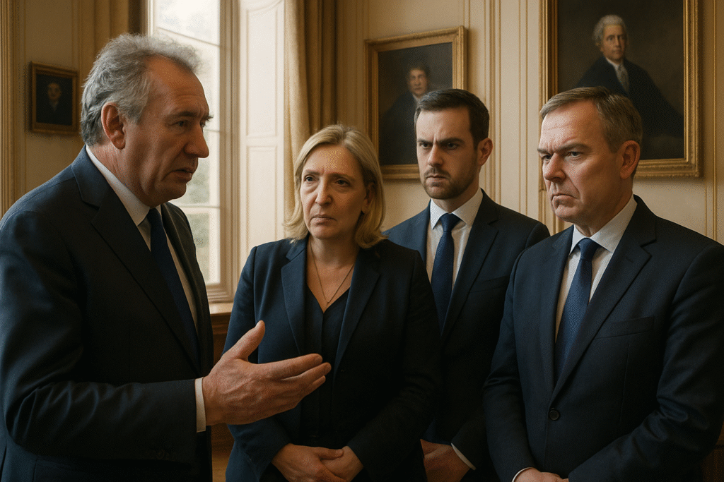 analyse de la rencontre entre le rn et françois bayrou à matignon : discussions franches, attentes limitées et incertitude quant aux résultats de ces échanges politiques.