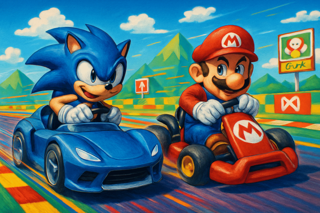 sega frappe fort et ravive la rivalité des années 90 en s’attaquant à nintendo et mario kart, offrant une nouvelle expérience de course pleine de panache et de nostalgie.