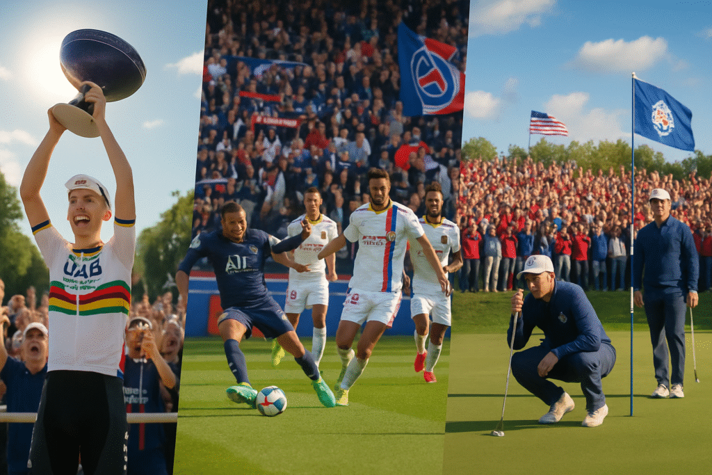 revivez un week-end sportif intense : pogacar décroche un nouveau titre mondial, le psg et l’ol engrangent des points précieux en ligue 1, tandis que la ryder cup se termine sur une note pleine de suspense.