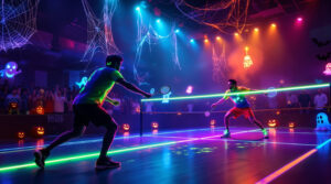participez à une soirée unique à salins-les-bains avec le blackminton ! vivez une expérience de badminton fluo et festive pour halloween, idéale pour petits et grands amateurs de sport et d’ambiance lumineuse.