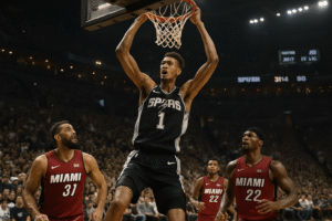 victor wembanyama impressionne par sa performance exceptionnelle lors de la victoire éclatante des spurs contre le heat, offrant ainsi à son équipe un début de saison historique en nba.