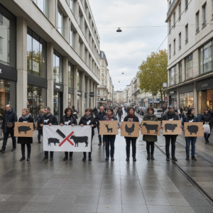 à l'occasion du black friday, l214 demande une réduction de 50 % du nombre d'animaux abattus pendant les promotions devant une enseigne au mans, appelant à une consommation plus éthique et responsable.
