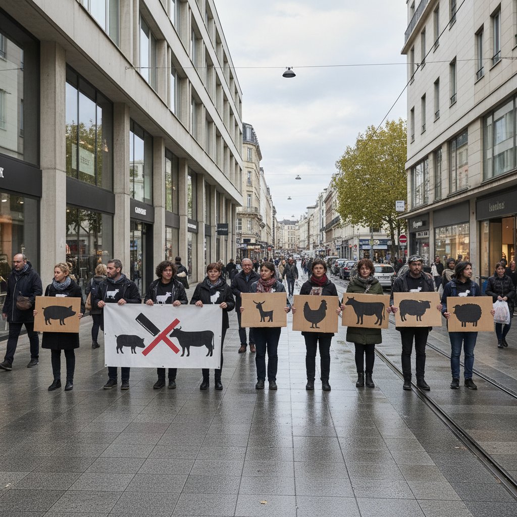 à l'occasion du black friday, l214 demande une réduction de 50 % du nombre d'animaux abattus pendant les promotions devant une enseigne au mans, appelant à une consommation plus éthique et responsable.