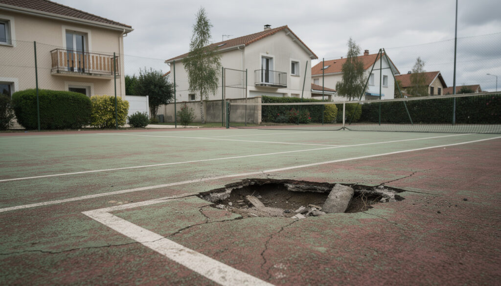 à proximité d'orléans, une commune signale un trou préoccupant dans le carré de service du court de tennis, alertant sur un risque potentiel pour les joueurs.