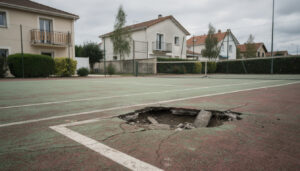 à proximité d'orléans, une commune signale un trou préoccupant dans le carré de service du court de tennis, alertant sur un risque potentiel pour les joueurs.