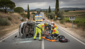 accident spectaculaire à perpignan : une femme grièvement blessée suite au retournement de sa voiture, évacuée en urgence à l'hôpital. la route a été temporairement fermée pour assurer la sécurité.