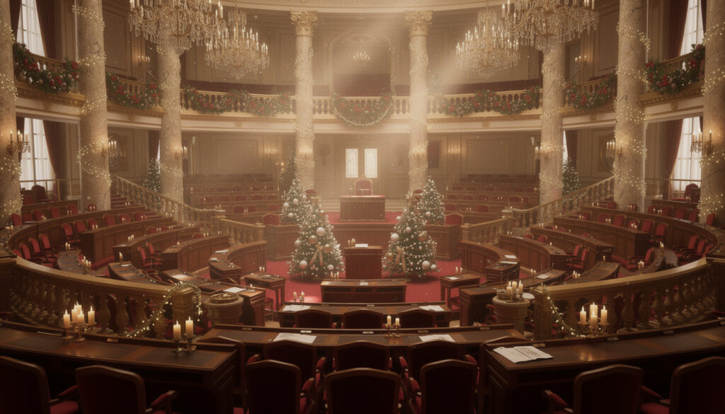 plongez dans l'ambiance magique de noël qui envahit doucement l'assemblée nationale, mêlant traditions festives et enjeux politiques dans un décor féérique.
