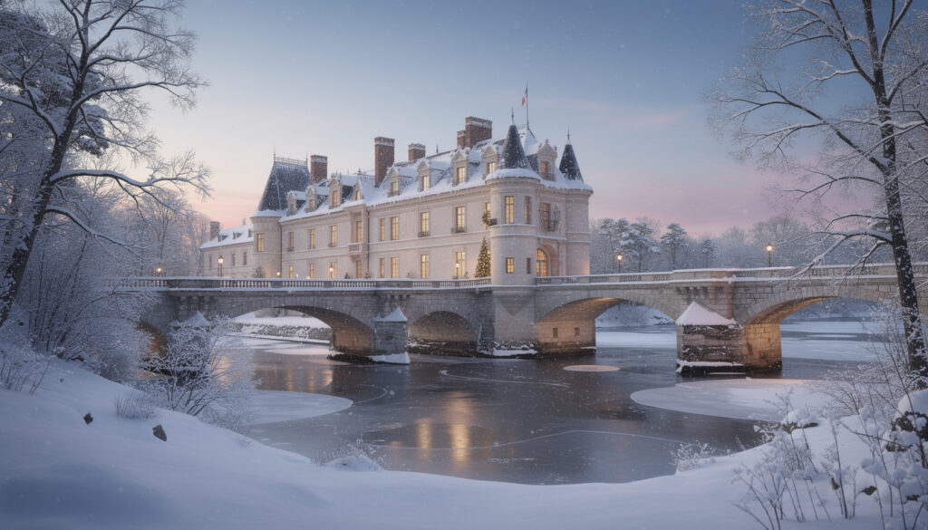 découvrez le château de chenonceau transformé par la froideur et la neige en un décor féérique pour noël, à travers une galerie d'images enchanteuses.
