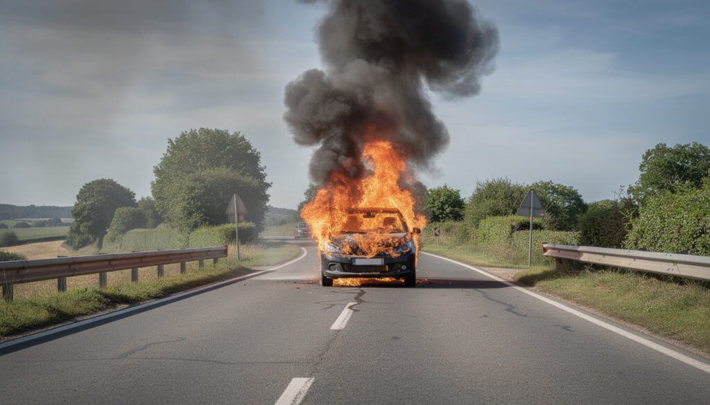 un incendie spectaculaire s'est déclaré près de la ferté-macé, où une voiture a pris feu sur la route, attirant l'attention des passants et des secours.