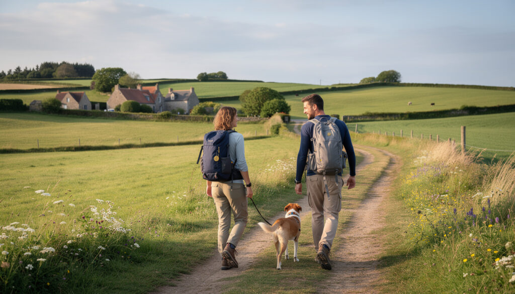 suivez orine, jayson et leur chienne una dans leur incroyable aventure à pied à travers le cotentin, explorant la beauté de la france et de la belgique.