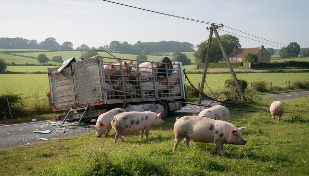 un camion transportant des cochons se renverse en pleine campagne en sarthe, causant la chute d'une ligne électrique et perturbant le secteur.