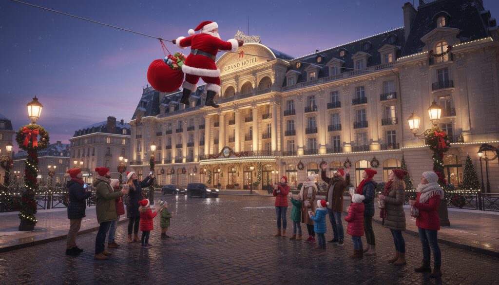 découvrez l'arrivée féerique du père noël à cabourg avec une descente spectaculaire du grand hôtel, un moment magique pour petits et grands.