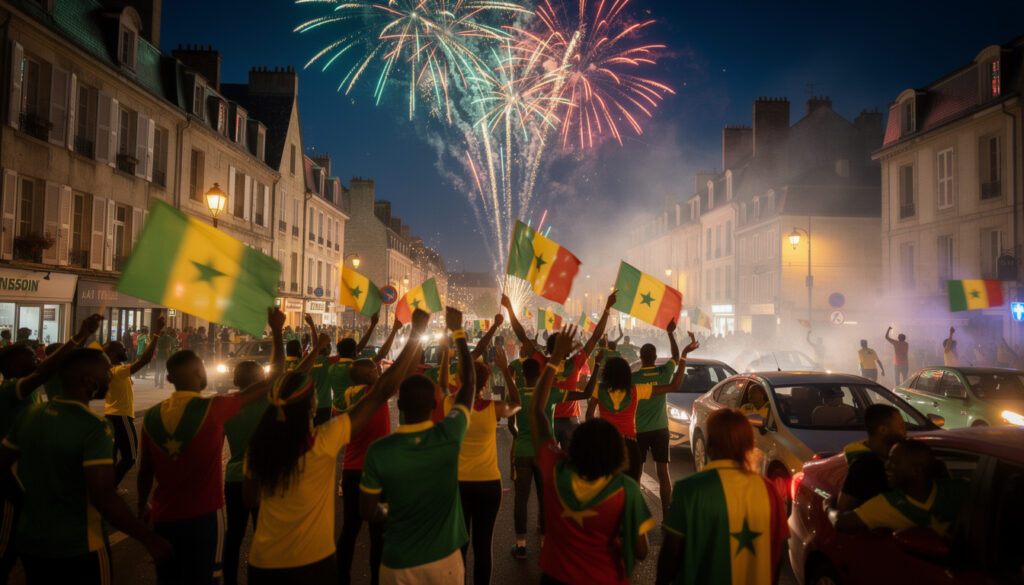 à tours, les supporteurs sénégalais fêtent avec joie la victoire en finale de la can, animant la ville au son des klaxons, pétards et feux d’artifice.