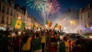 à tours, les supporteurs sénégalais fêtent avec joie la victoire en finale de la can, animant la ville au son des klaxons, pétards et feux d’artifice.