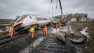 vidéo. un train a déraillé à carentan-les-marais. les travaux de réparation sont en cours, avec une reprise de la circulation prévue à la mi-février.